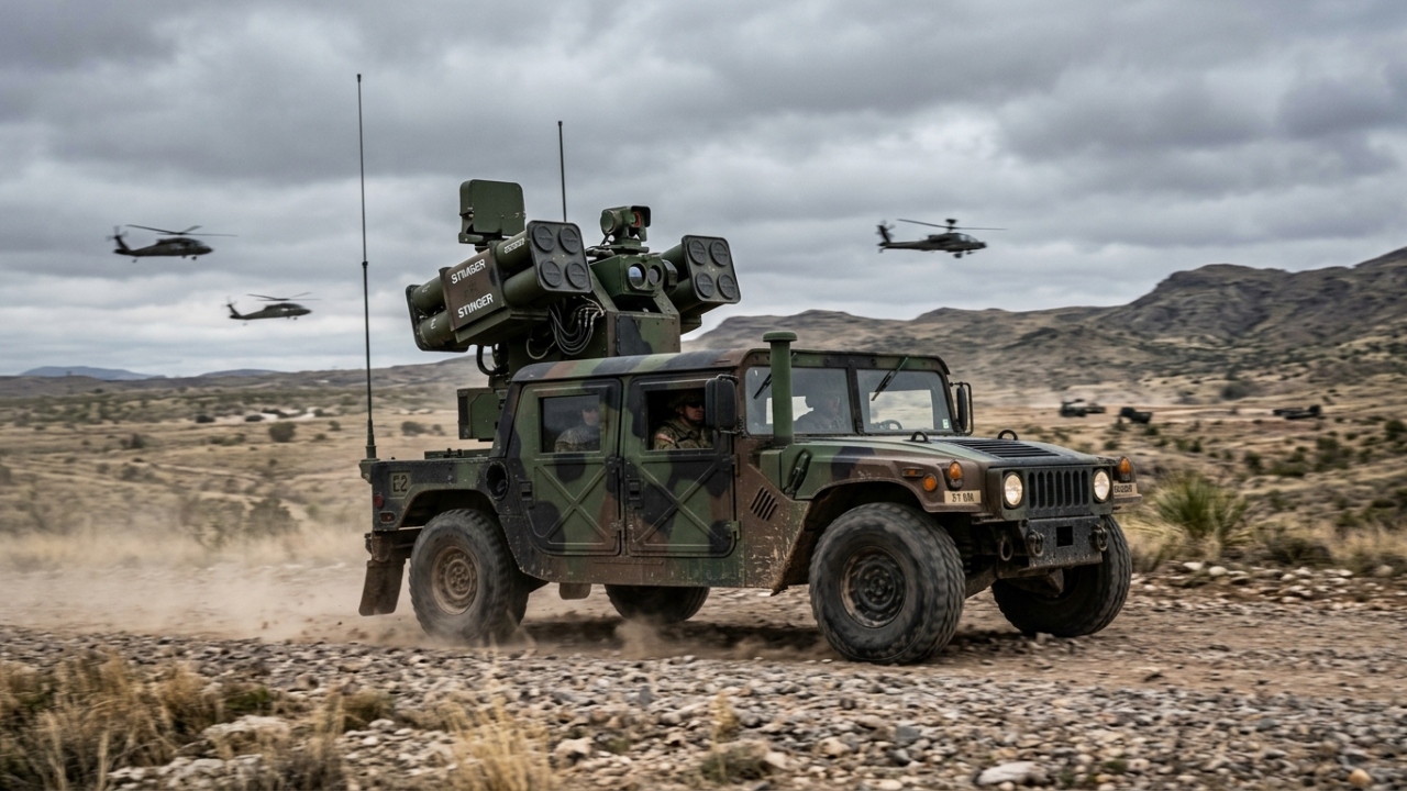 O ágil sistema de defesa móvel Avenger montado sobre um jipe tático utiliza 8 mísseis guiados por infravermelho e uma metralhadora pesada calibre 50 para varrer helicópteros e drones do céu em questão de segundos