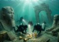 Localizada a 30 metros de profundidade no Egito, a estátua de cinco metros e os templos de ouro de uma cidade submersa revelam ritos religiosos de 1.200 anos