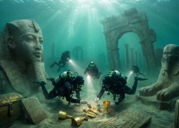 Localizada a 30 metros de profundidade no Egito, a estátua de cinco metros e os templos de ouro de uma cidade submersa revelam ritos religiosos de 1.200 anos