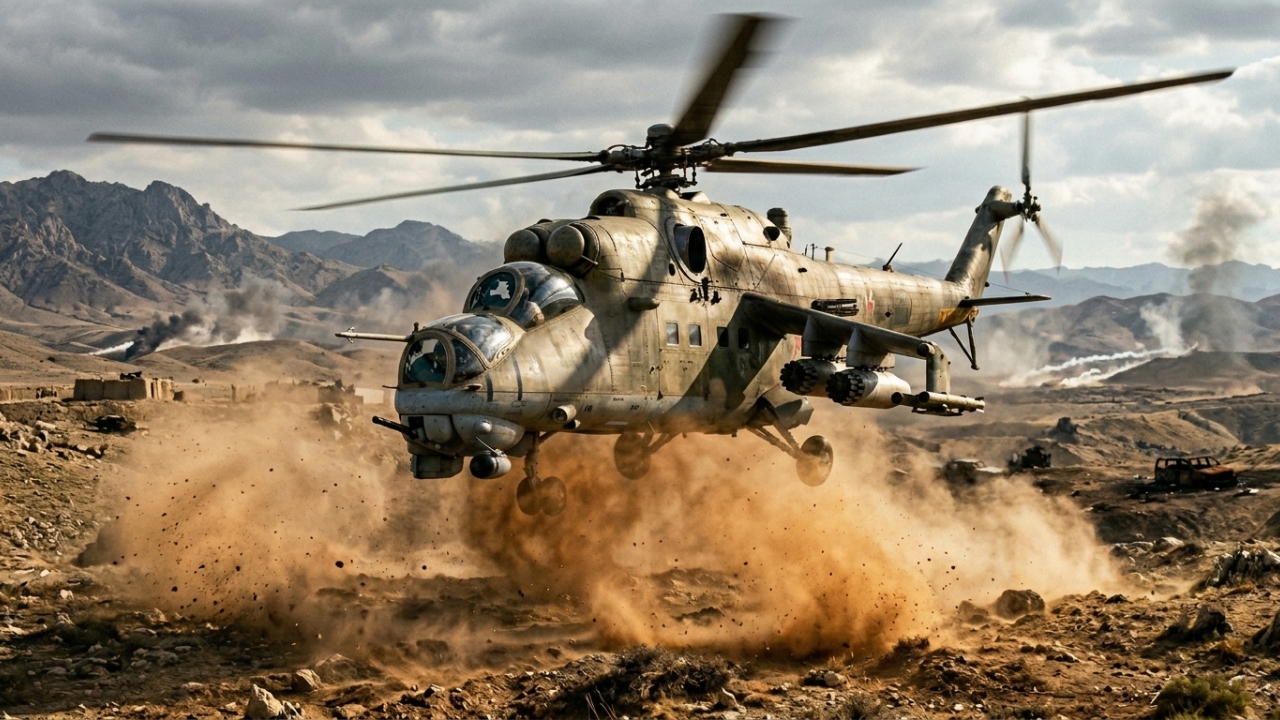 A blindagem de aço e titânio do MI-24 Hind faz dele o único helicóptero do mundo que rivaliza com um tanque