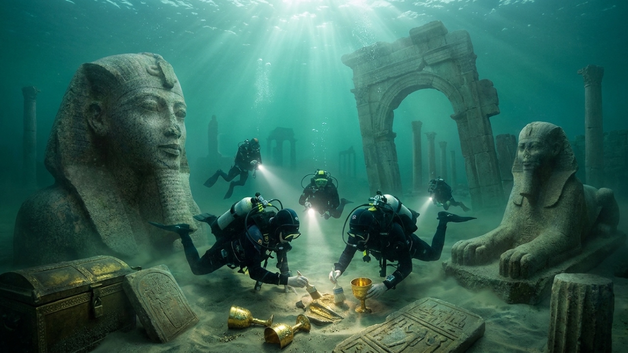 Localizada a 30 metros de profundidade no Egito, a estátua de cinco metros e os templos de ouro de uma cidade submersa revelam ritos religiosos de 1.200 anos