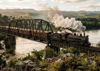 O histórico trem de 1920 que percorre 25 quilômetros de pura natureza e cruza uma monumental ponte metálica de 400 metros de extensão exatamente sobre as águas do imponente rio Uruguai no sul do país