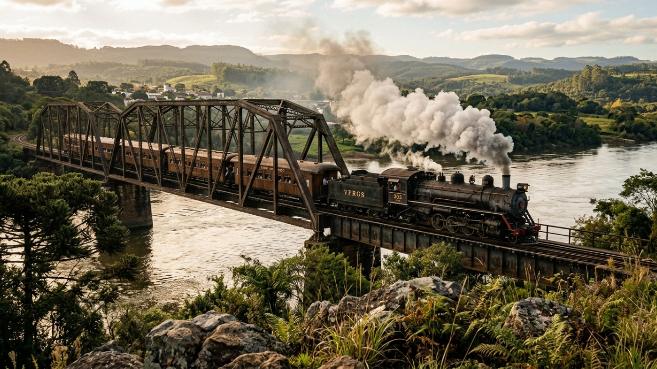 O histórico trem de 1920 que percorre 25 quilômetros de pura natureza e cruza uma monumental ponte metálica de 400 metros de extensão exatamente sobre as águas do imponente rio Uruguai no sul do país