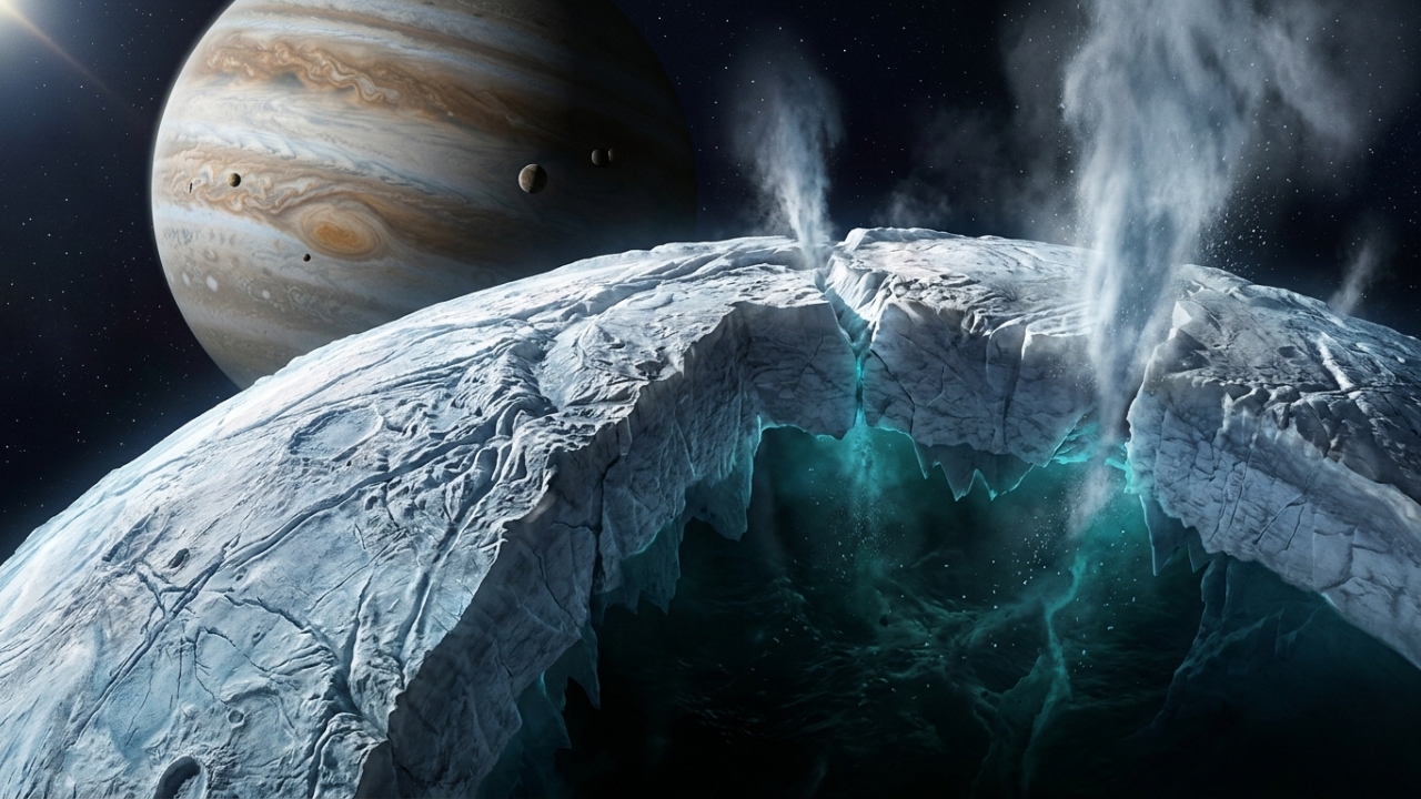 Sonda espacial confirma oceano de água líquida sob crosta de gelo em lua de Júpiter e detecta plumas de vapor que podem abrigar vida em 2026