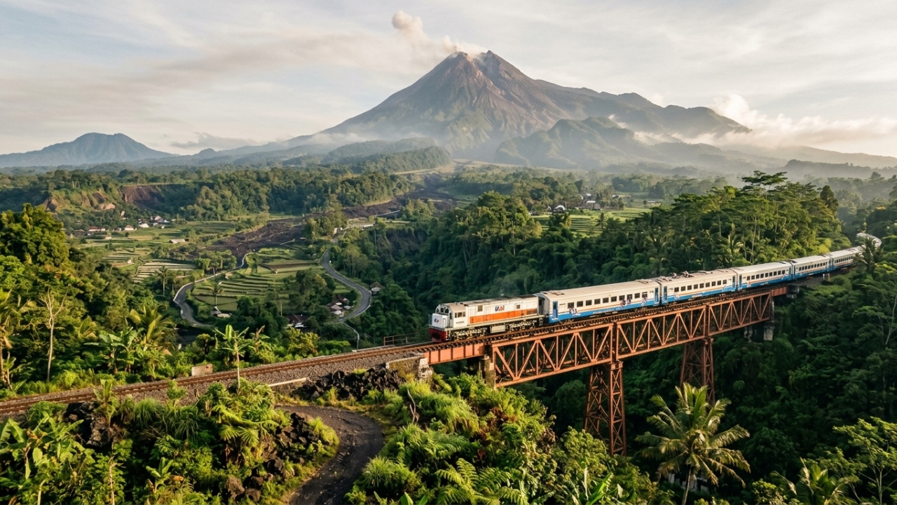 A ferrovia que passa ao lado de um dos vulcões mais ativos do mundo transporta milhares de passageiros todo dia