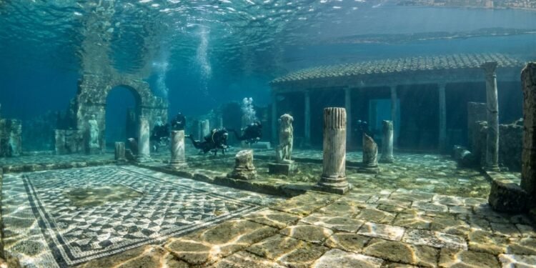 Submerso a quatro metros de profundidade, o luxuoso palácio romano de 2.000 anos revela pisos de mármore intocados no fundo do mar Mediterrâneo