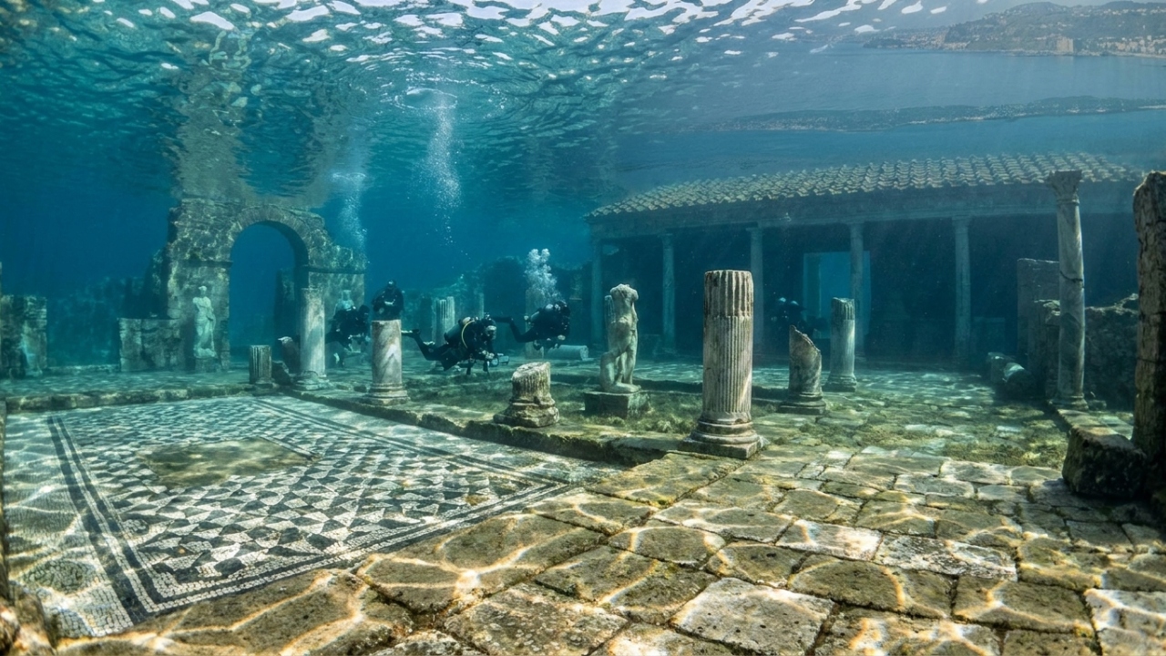 Submerso a quatro metros de profundidade, o luxuoso palácio romano de 2.000 anos revela pisos de mármore intocados no fundo do mar Mediterrâneo