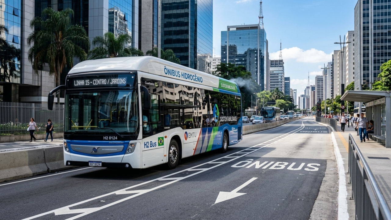 Ônibus movido a hidrogênio com autonomia de 350 quilômetros utiliza células de combustível para emitir apenas vapor de água e purificar o ar das grandes avenidas hoje