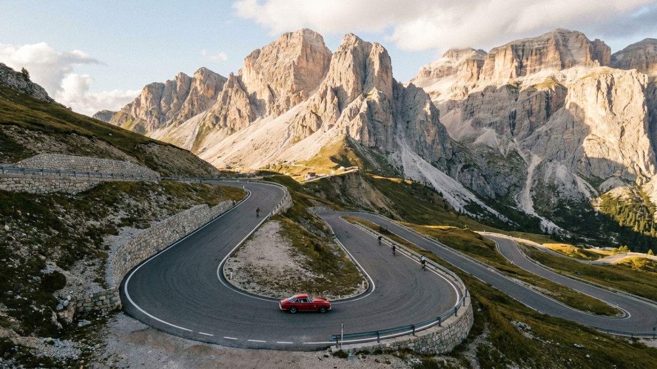 Com 2.239 metros de altitude e 33 curvas fechadas em zigue-zague, o Passo Pordoi na Itália surge como a rota mais icônica das Dolomitas