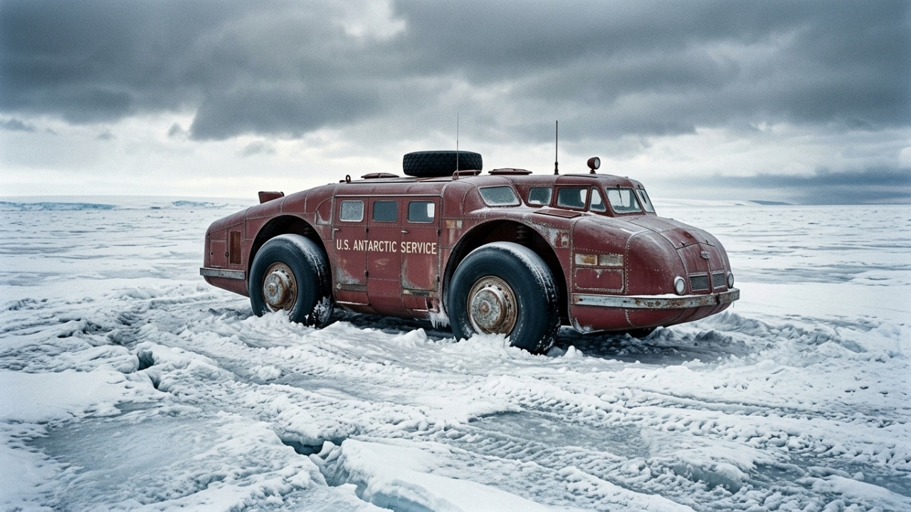 Abandonado em um campo de gelo na Antártida, o gigantesco ônibus de neve com pneus de três metros de altura vira um monumento fantasma isolado