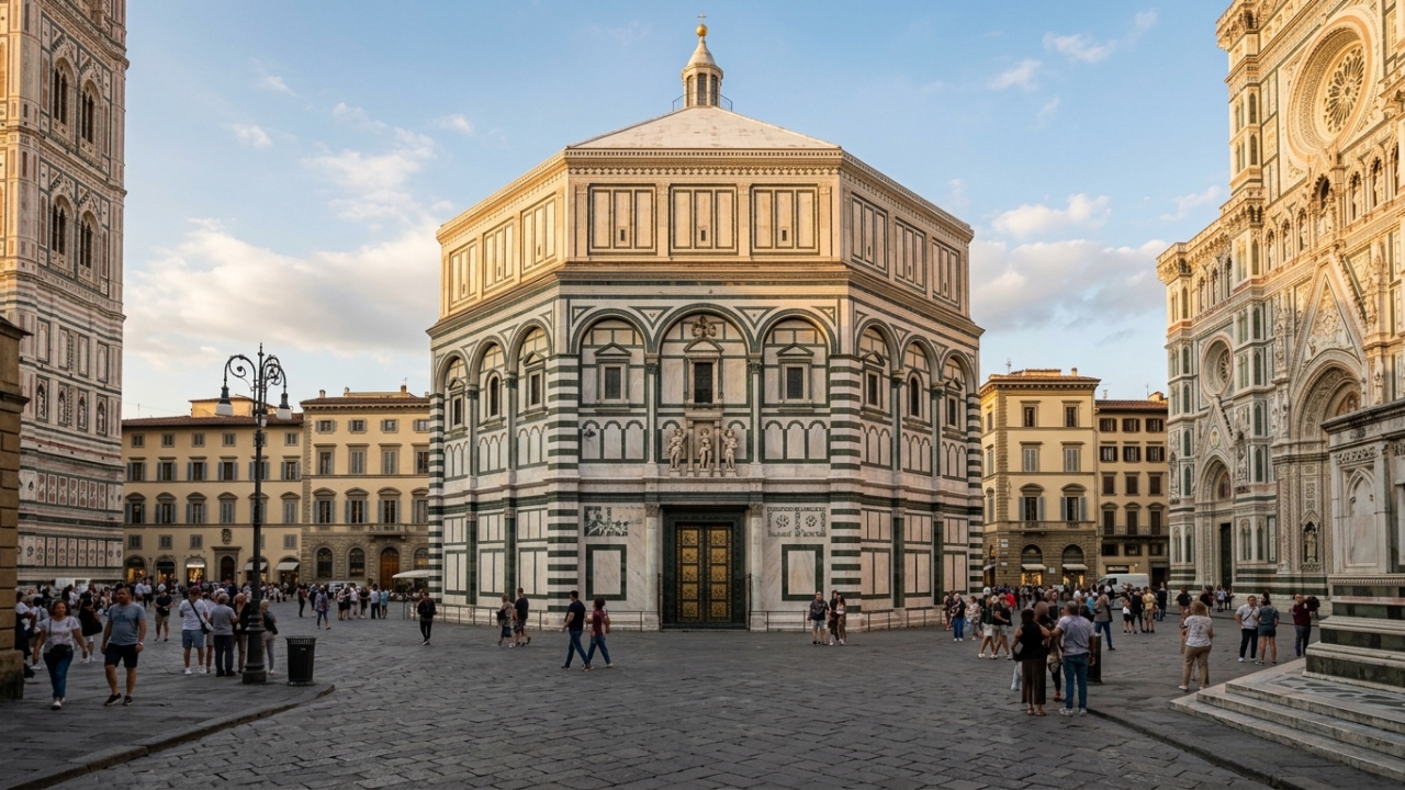 Com estrutura octogonal consagrada em 1059 e mosaicos do século XIII, o Batistério de Florença virou um marco da arte medieval italiana