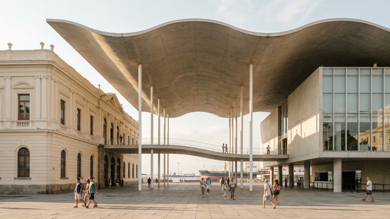 Com sua cobertura de concreto ondulado de 2.000 m² unindo dois edifícios, o MAR virou o símbolo da revitalização da zona portuária carioca