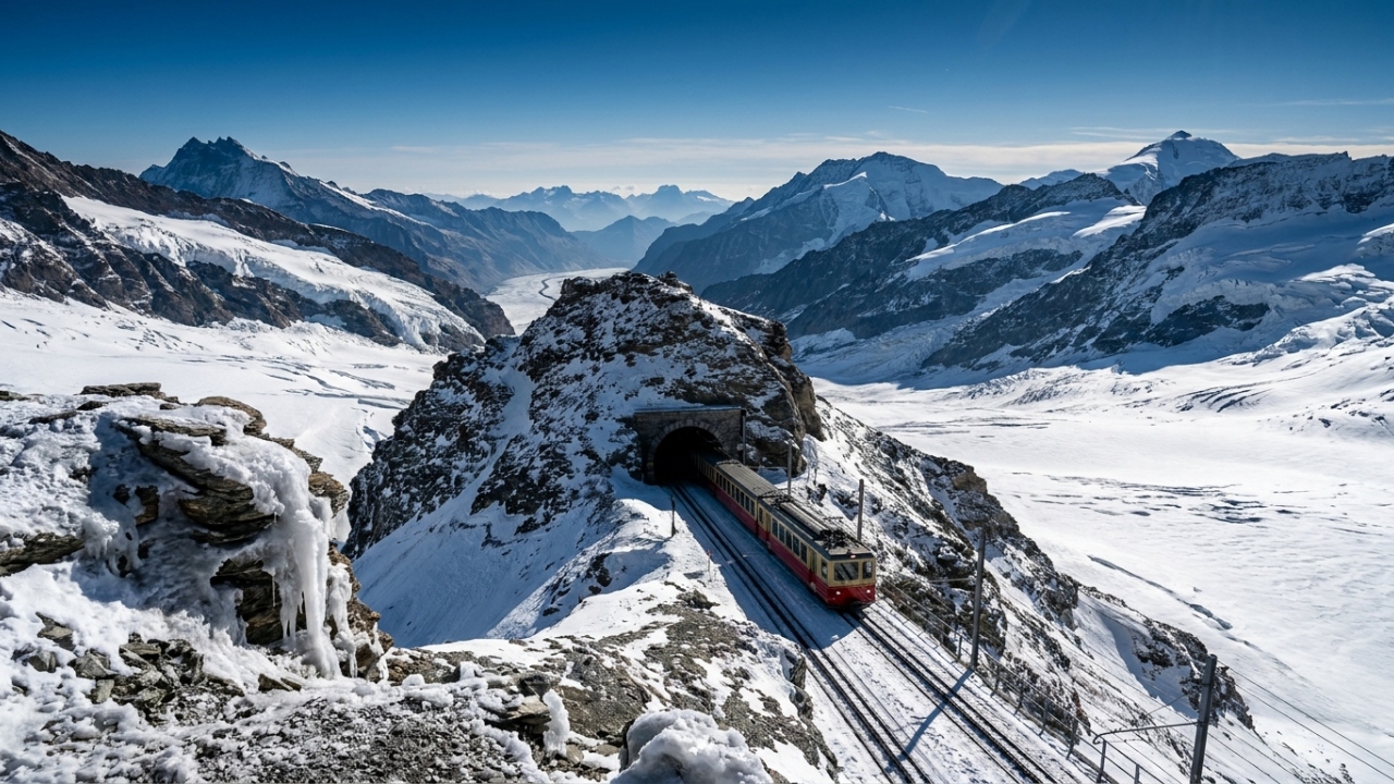 Com 3.454 metros de altitude e 9 km de túneis, a ferrovia suíça Jungfraubahn quebra um recorde de engenharia no topo da Europa