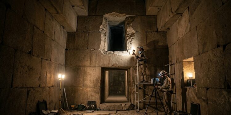 Corredor oculto de 9 metros localizado acima da entrada principal da Grande Pirâmide de Gizé revela o segredo do peso das pedras e o descanso final do faraó