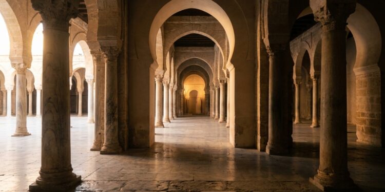 Com 10.000 m² de área construída e um minarete do século IX, a Grande Mesquita de Kairouan virou o marco mais sagrado do Islã no Magrebe