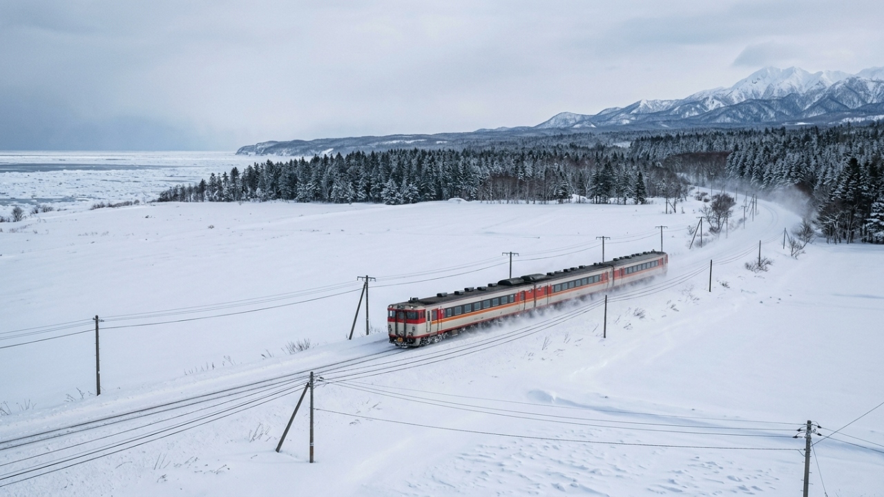 Quem senta do lado esquerdo neste trem japonês tem a melhor vista para o oceano congelado que poucos turistas já viram