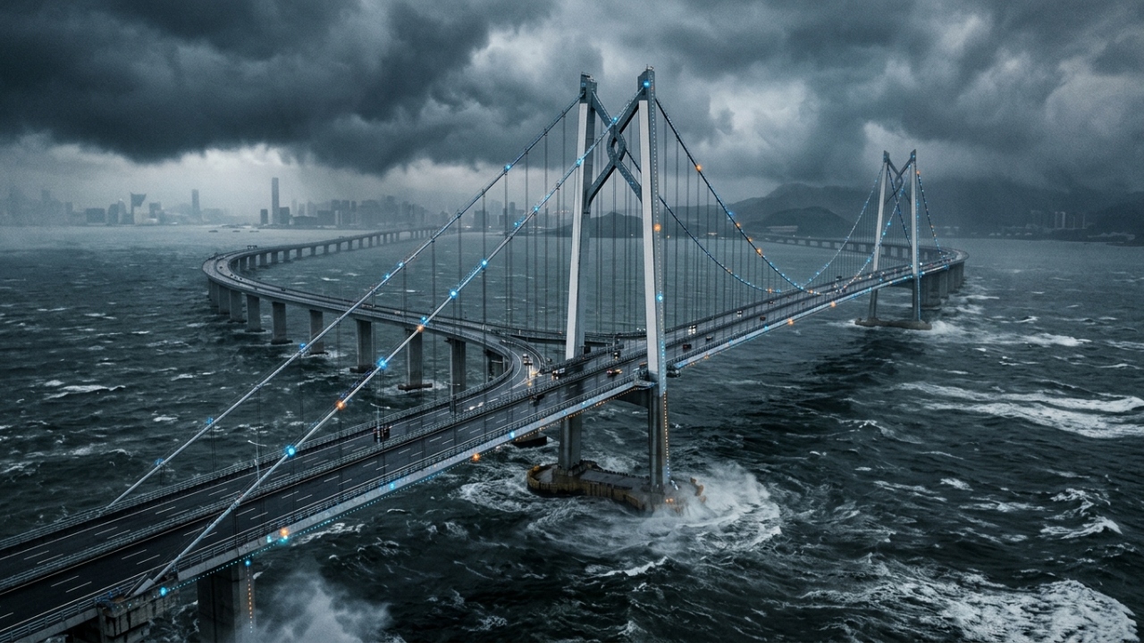 Ponte mais longa do mundo na China utiliza sistema de inteligência artificial com mil sensores para ajustar a estrutura automaticamente contra tufões