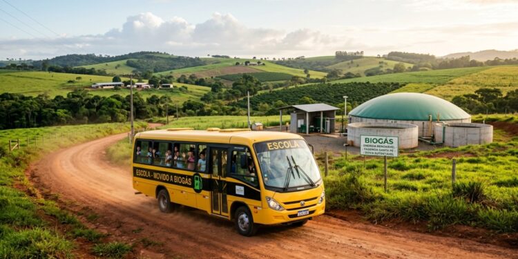 Ônibus escolar movido a biogás produzido a partir de rejeitos agrícolas garante custo zero de combustível e ar limpo para estudantes no interior do país