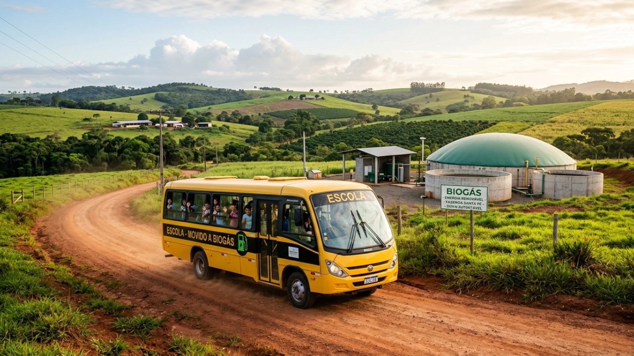 Ônibus escolar movido a biogás produzido a partir de rejeitos agrícolas garante custo zero de combustível e ar limpo para estudantes no interior do país