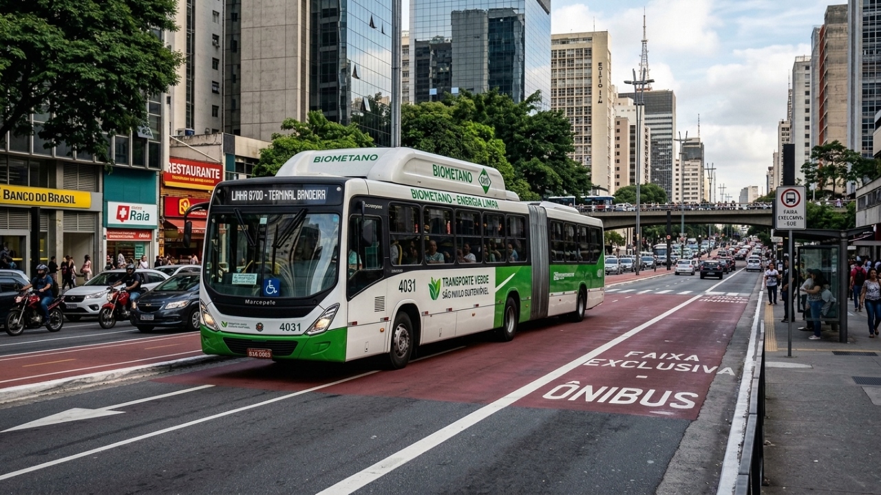 Cilindros de gás com capacidade de 1.200 litros garantem autonomia de 500 quilômetros para o ônibus movido a biometano que reduz o custo por quilômetro rodado em 30 por cento hoje