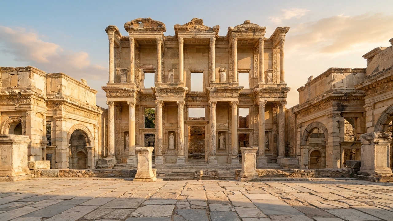 Com colunas de mármore de 110 d.C. e 12 mil rolos antigos, a biblioteca romana surge como a terceira maior do mundo antigo e um marco em Éfeso