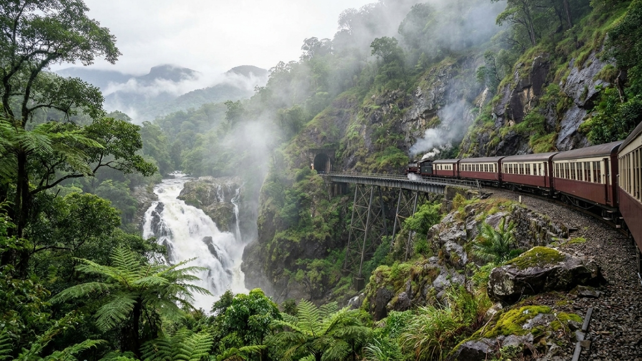 A perigosa ferrovia tropical escavada à mão que atravessa uma floresta com mais de 130 milhões de anos passando a centímetros de cachoeiras gigantes
