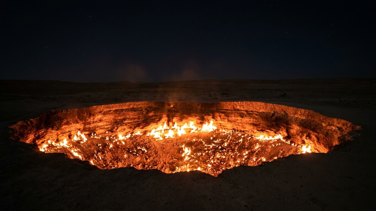 Com 69 metros de diâmetro e fogo ativo há 55 anos, a cratera de gás no Turcomenistão é conhecida como a "Porta do Inferno"