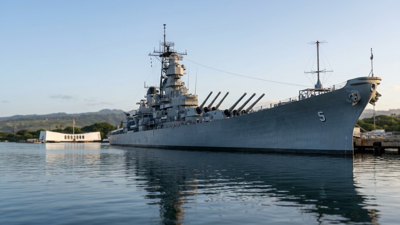 O colossal USS Missouri com 270 metros de comprimento serviu como o palco final da Segunda Guerra Mundial e hoje é um monumento histórico no Havaí