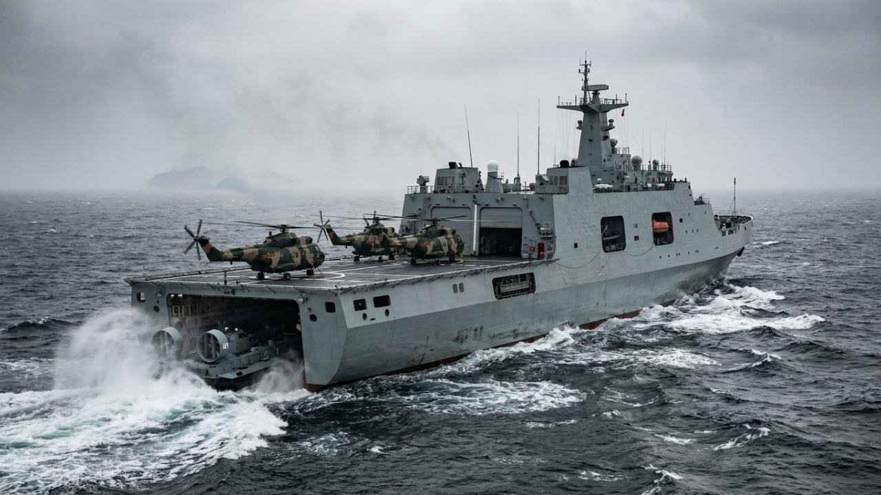 O imponente navio de assalto anfibio chinês Type 071 consegue projetar forças terrestres e helicópteros em qualquer costa do mundo com sua doca alagável