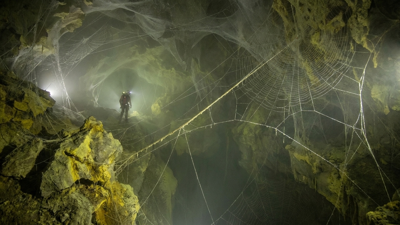 Pesquisadores mapeiam teia de aranha gigante com 106 metros quadrados em caverna inóspita