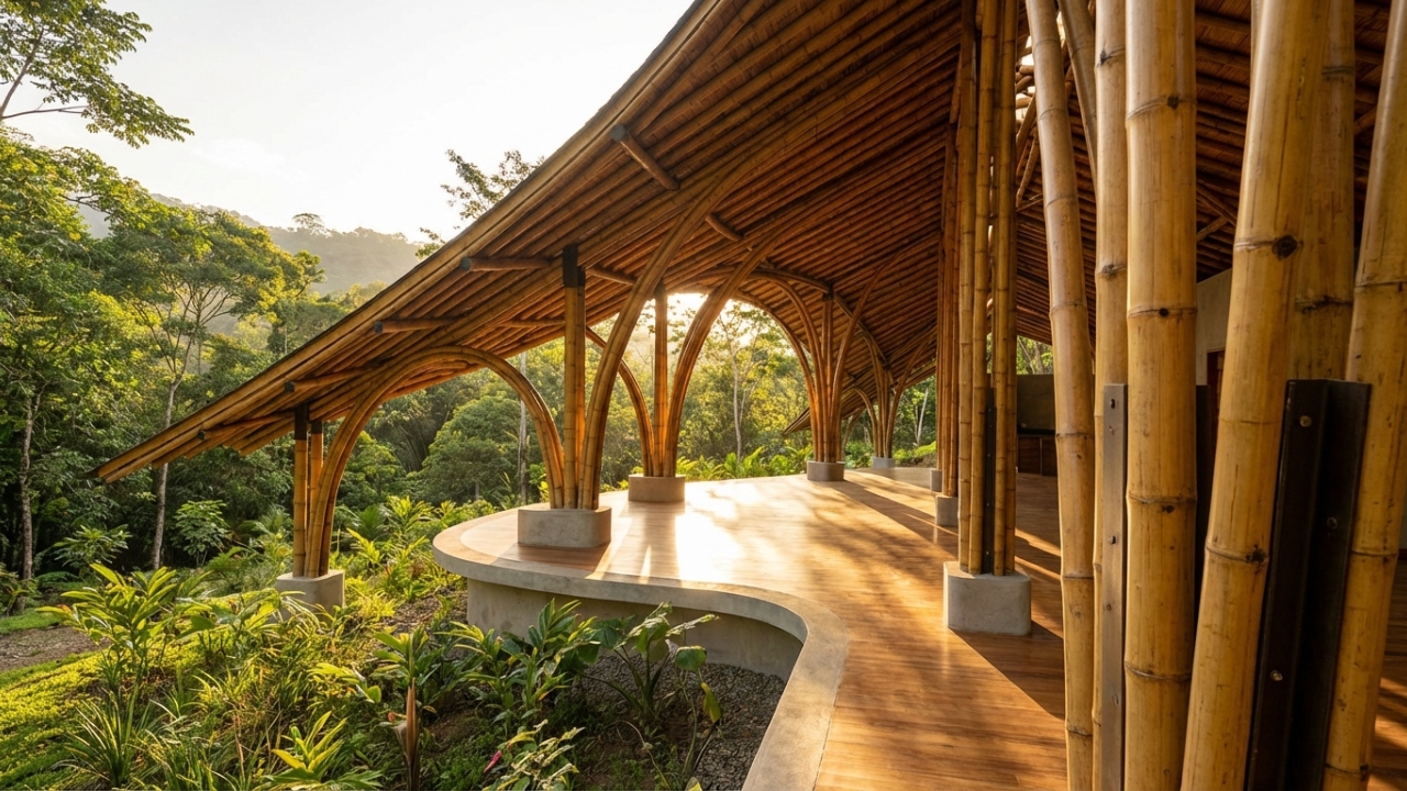 Com varas de bambu tratadas e resistência comparada ao aço, a arquitetura com bambu Guadua surge como uma solução sustentável para grandes vãos