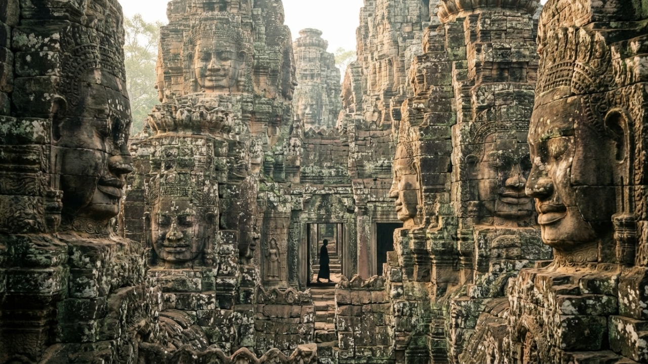 Com 54 torres de pedra e 216 rostos gigantes, o templo milenar no Camboja surge como uma obra-prima da arquitetura Khmer