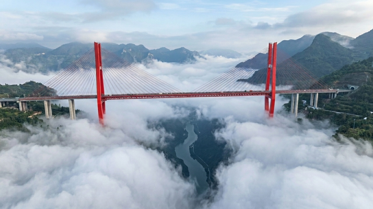 Motoristas cruzam o abismo na ponte de 1341 metros de extensão suspensa a incríveis 565 metros de altura na China