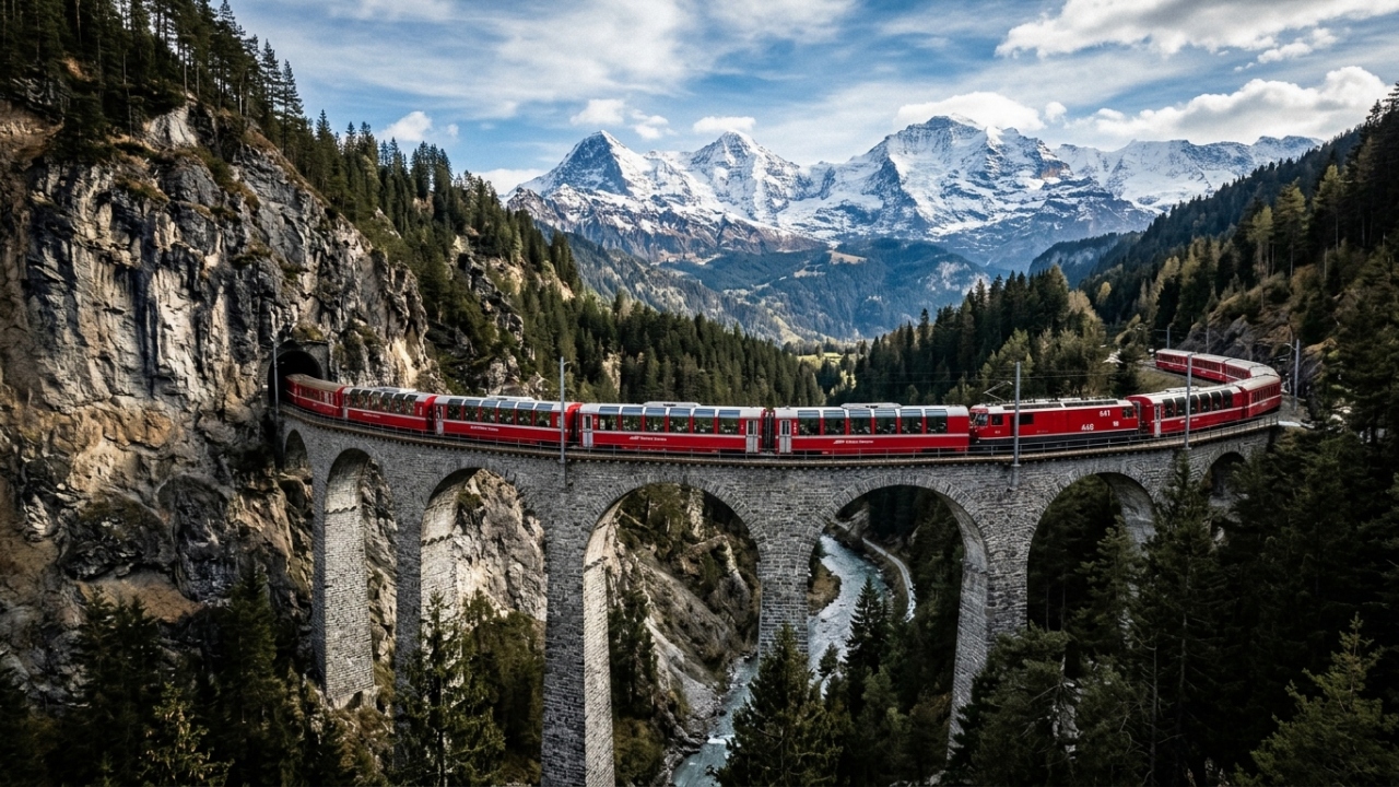 O trem alpino que desafia a gravidade ao escalar montanhas de 2253 metros de altitude cruzando 196 pontes vertiginosas sem usar um único trilho dentado