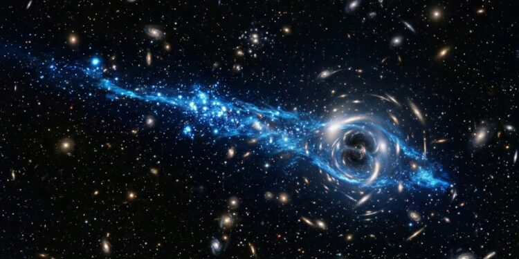 O Telescópio Hubble flagrou um buraco negro viajando pelo espaço e deixando um rastro gigante de estrelas novas para trás