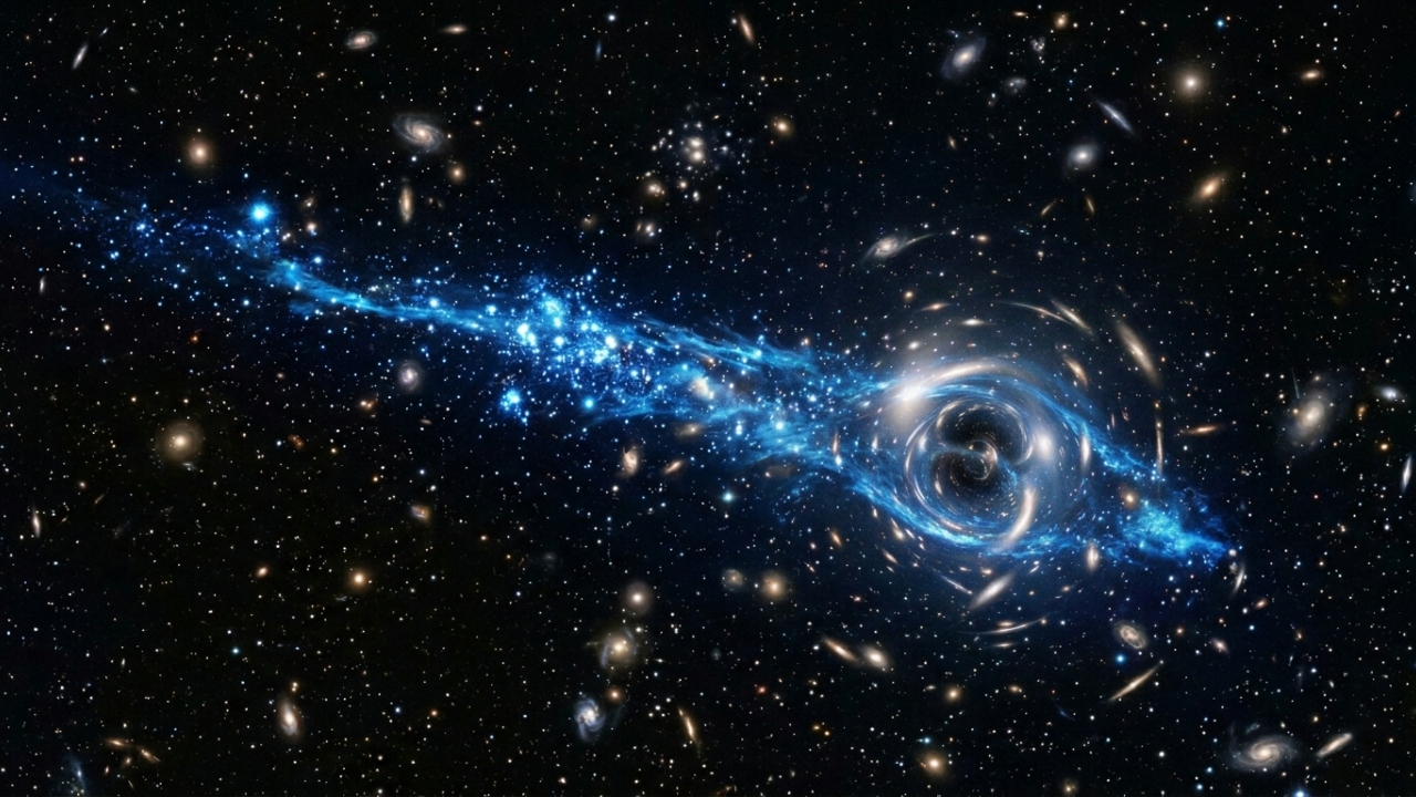 O Telescópio Hubble flagrou um buraco negro viajando pelo espaço e deixando um rastro gigante de estrelas novas para trás