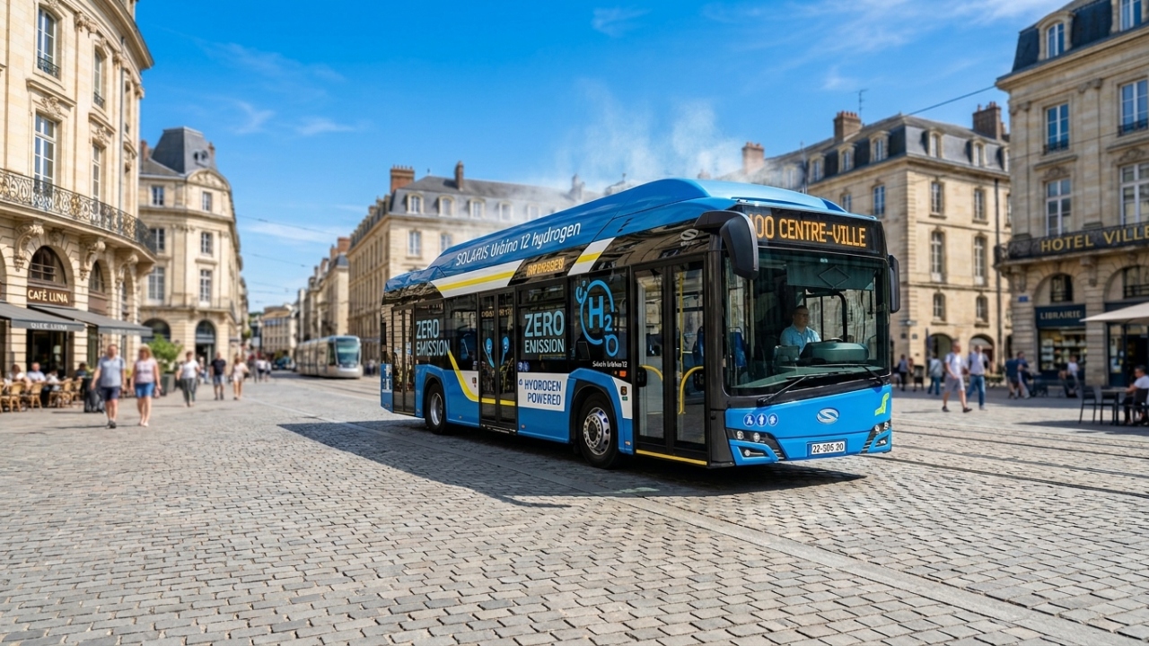 Percorrendo 1.000 quilômetros com um único tanque de hidrogênio, este ônibus de 12 metros emite apenas vapor de água limpa pelo tubo de escape