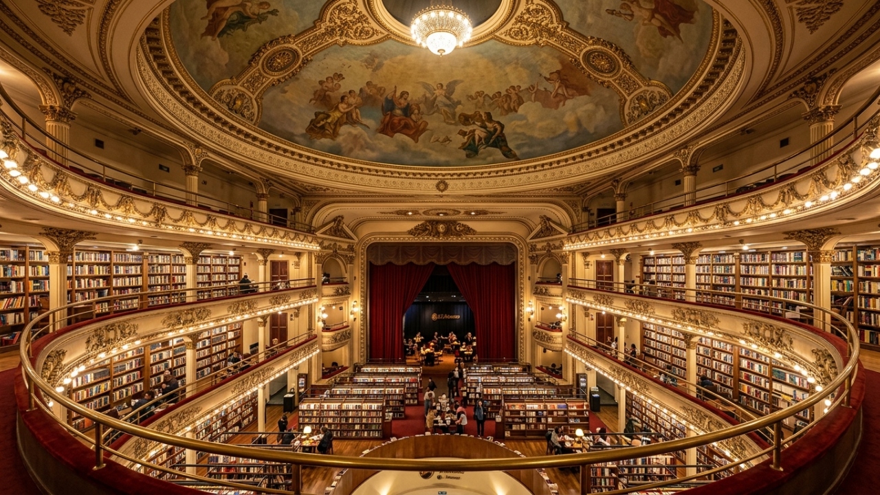 Com 1.050 m² de livros dentro de um teatro de 1919, o espaço é reconhecido como uma das livrarias mais importantes e belas do mundo