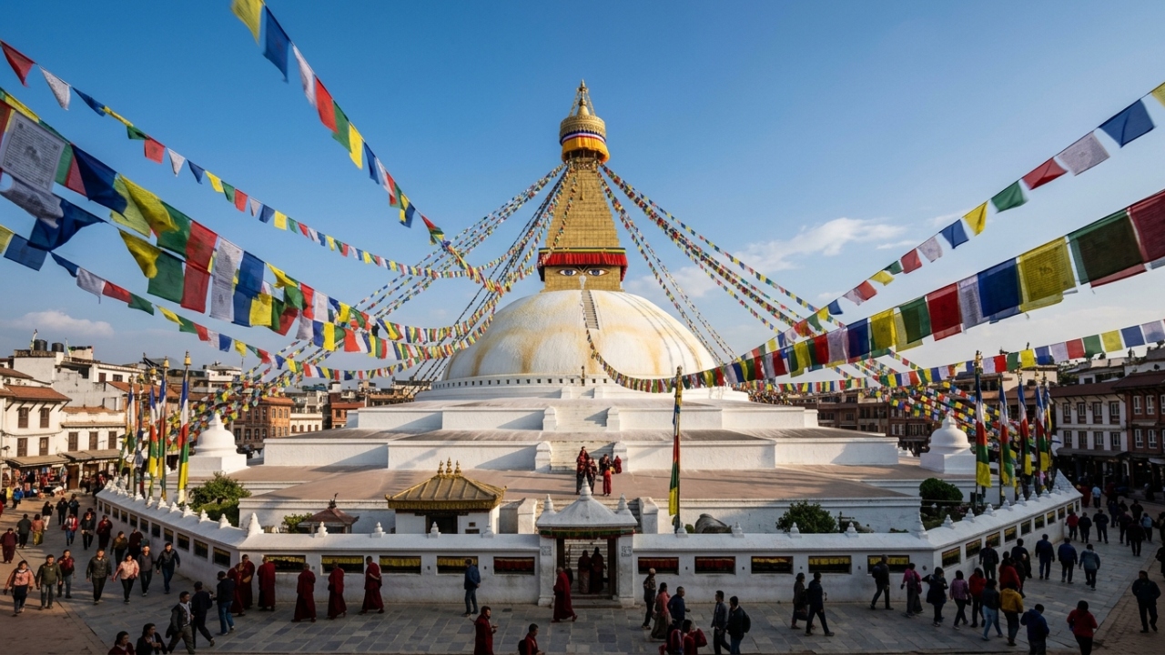 Com sua cúpula de 36 metros de diâmetro e olhos de Buda pintados, a estupa de 600 d.C. tornou-se o maior templo circular e sagrado de todo o Nepal