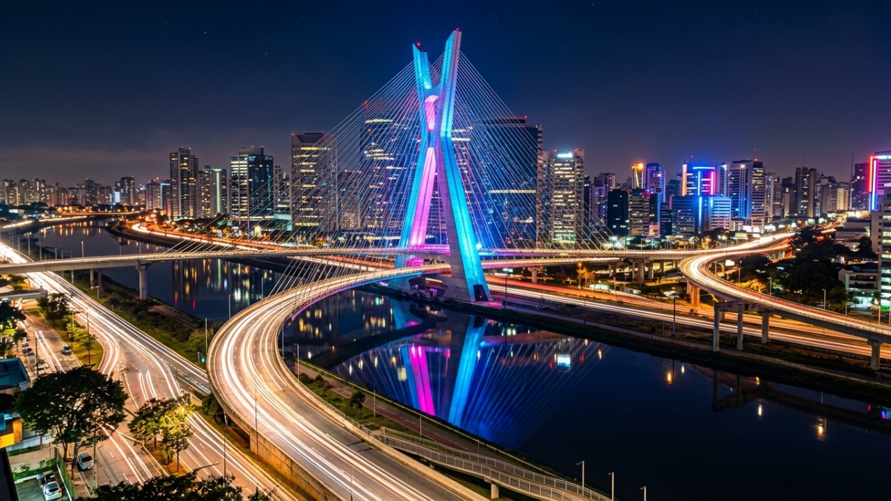 A única ponte do mundo com duas pistas em curva sobrepostas no ar que são sustentadas por um único pilar gigante em formato de 'X' com 138 metros de altura