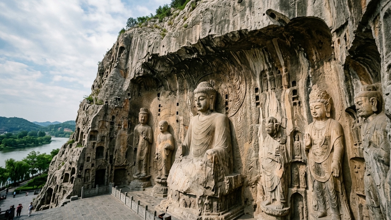 Localizadas nas margens do rio Yi, com 100 mil estátuas de Buda e 2.300 grutas, Longmen tornou-se o maior museu de escultura em pedra da China