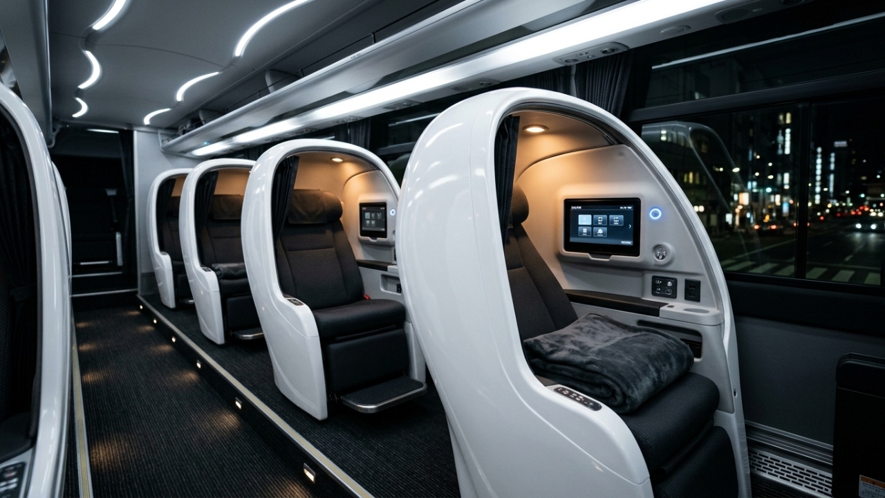 Com poltronas individuais que reclinam 140 graus em cabines privadas, o ônibus japonês Cocoon tornou-se o maior símbolo de luxo em viagens terrestres