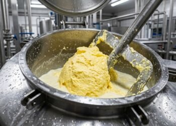 Com centrífugas de alta rotação e batimento em cilindros de aço, a fábrica separa a gordura do leite, transformando o creme na manteiga de consumo