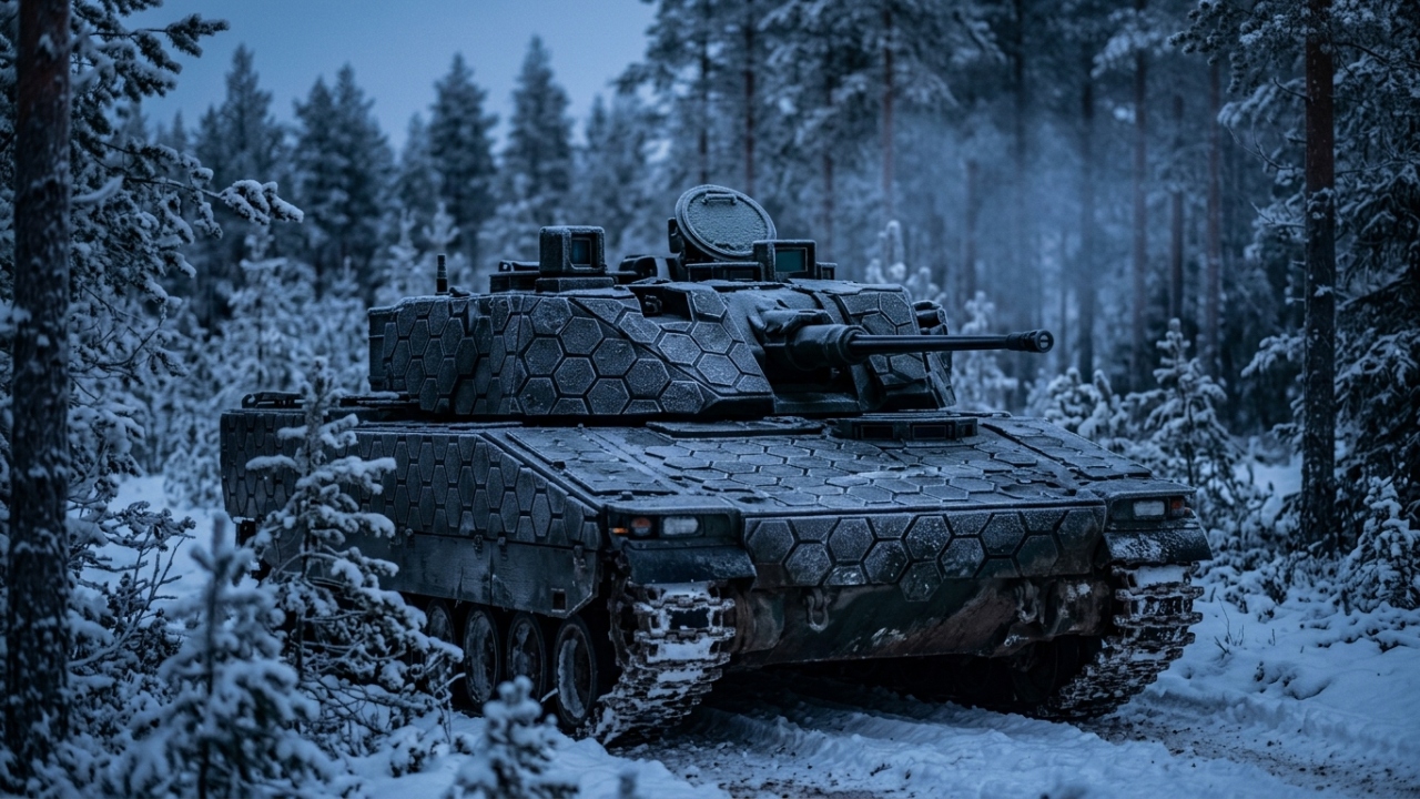 O blindado sueco furtivo de 35 toneladas equipado com camuflagem térmica que engana sensores inimigos ao simular o calor de um carro de passeio a 5 quilômetros de distância
