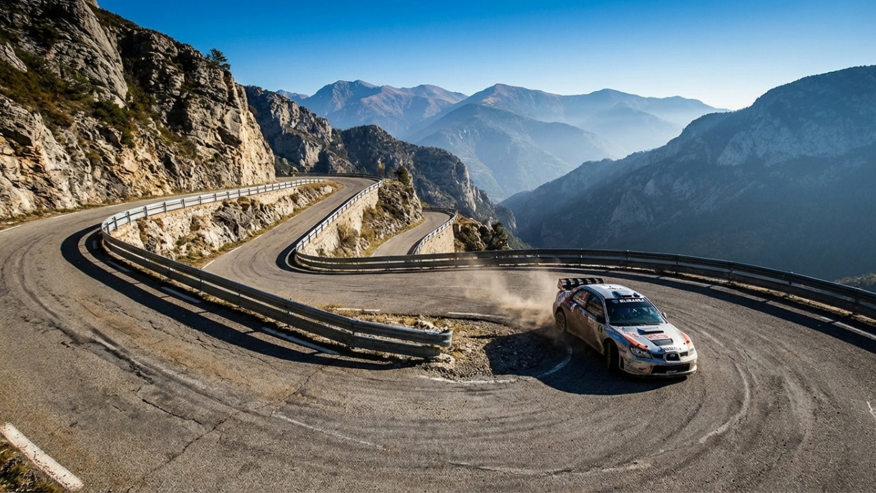 Com 34 curvas em grampo de cabelo nos Alpes Franceses, a estrada de rali atinge 1.607 metros, sendo um dos trajetos mais prestigiados do mundo