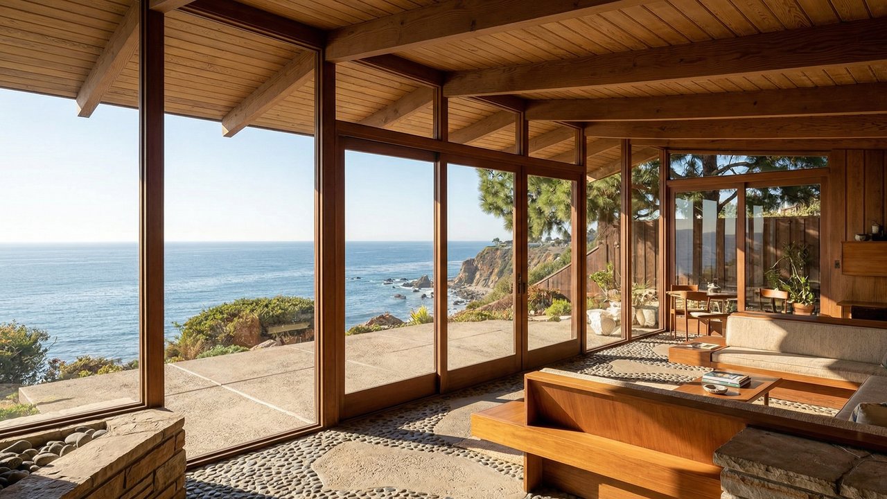 Com concreto e seixos embutidos, a casa de 1959 projetada pelo sócio de Frank Lloyd Wright, tornou-se um ícone da arquitetura orgânica na Califórnia