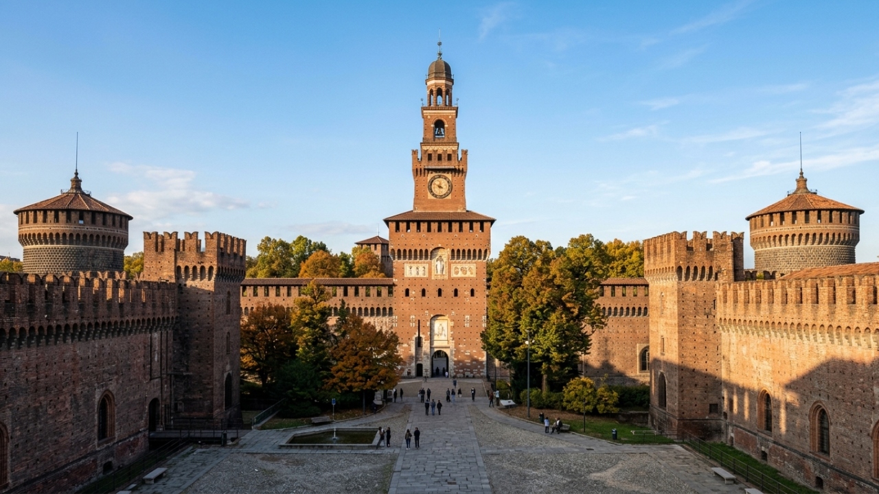 Com suas muralhas de tijolo do século XIV e jardins imensos, o castelo milanês tornou-se a maior fortaleza da história e do poder de toda a Itália