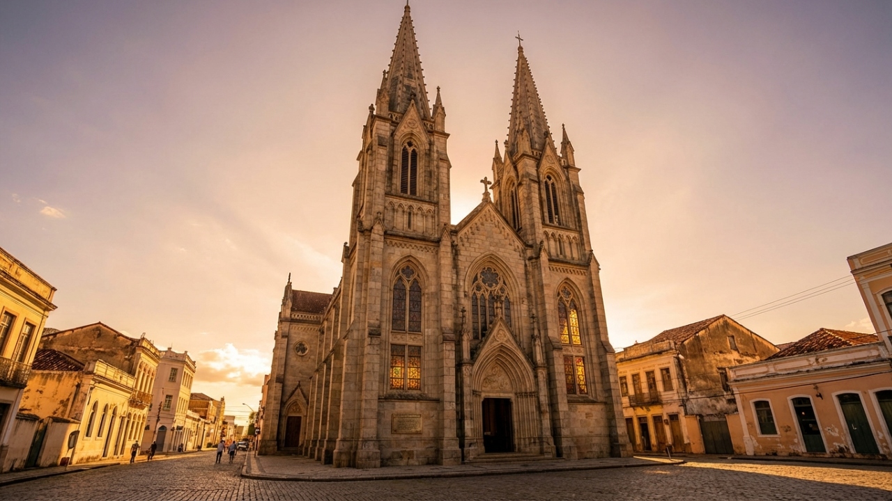 Com torres de 50 metros de altura e vitrais europeus, a catedral neogótica surge como um símbolo da arquitetura capixaba