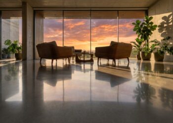 Piso de cimento espelhado refletindo o pôr do sol em sala luxuosa