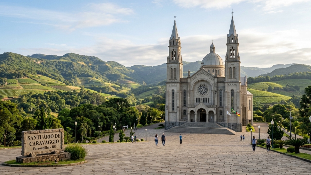 Com capacidade para 10 mil fiéis e cercado por montanhas, o complexo de 1963 surge como o destino de fé mais impressionante da serra gaúcha